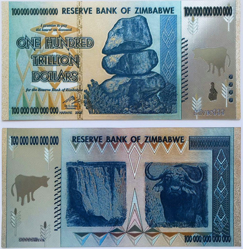 Zimbabwe 999 Silver-Plated Replica of Z$ 100 Trillion Banknote